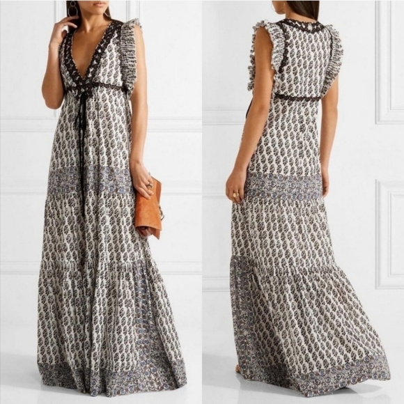Tory Burch Amita Appliquéd Printed Cotton V-Neck Sleeveless Maxi Dress In Multi - Picture 2 of 16